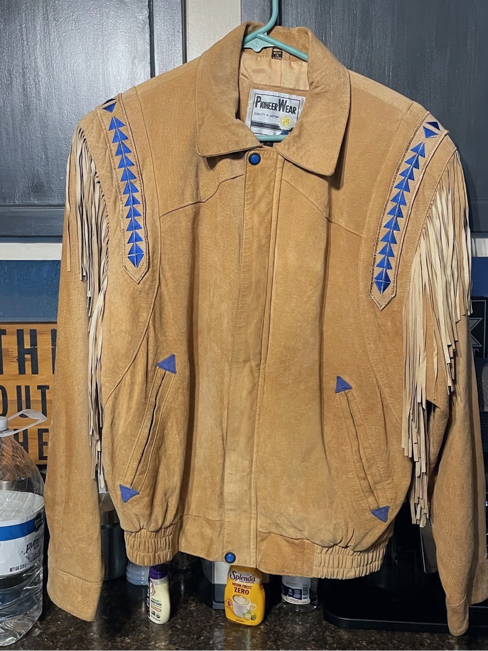 Vintage Pioneer Wear Tan Suede Leather Fringe Jacket with Blue tribal accents S